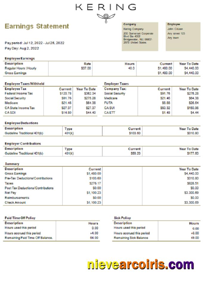 USA Kering luxury goods company pay stub
